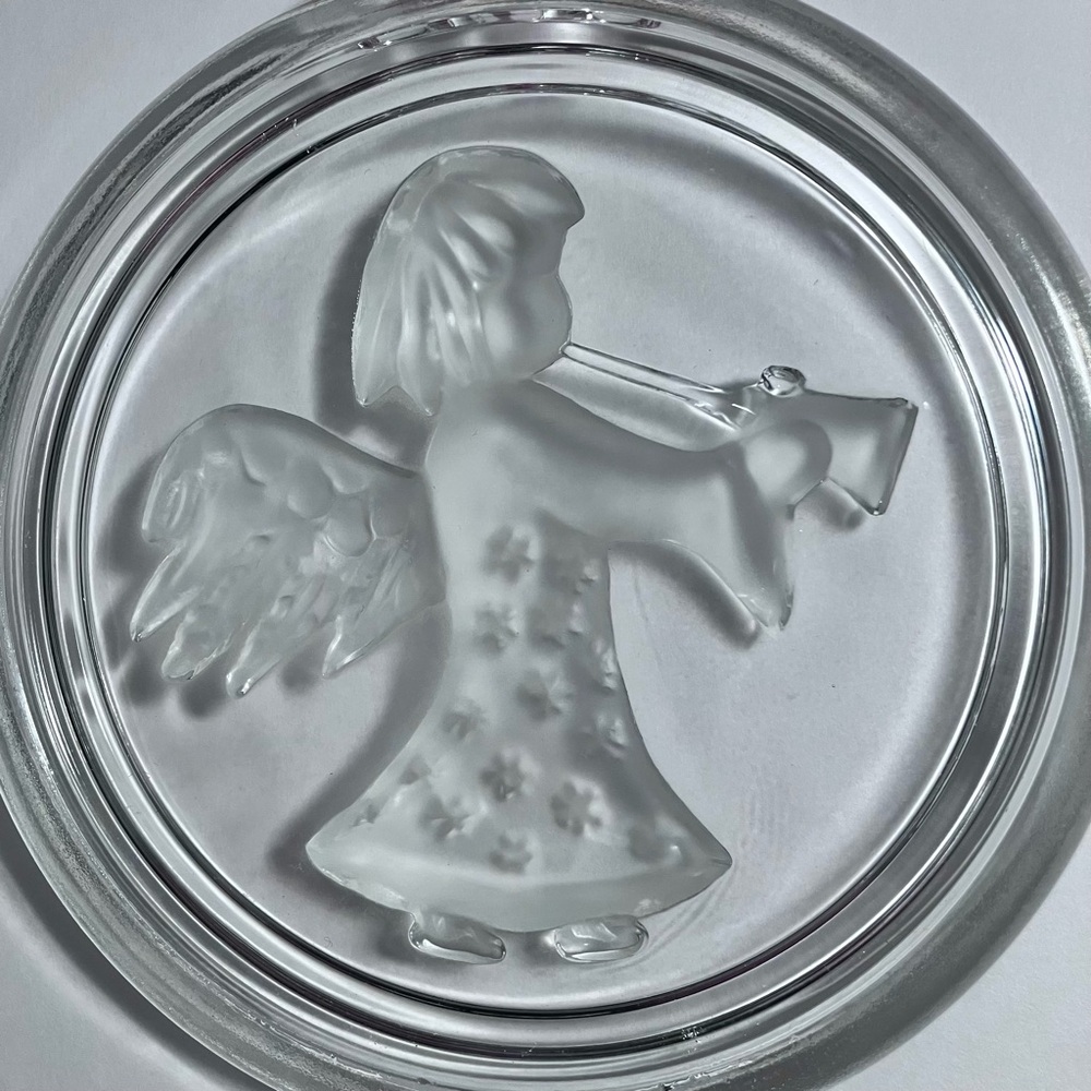 Vintage TRUMPETING ANGEL Pressed Glass ORNAMENT or Window Suncatcher / GERMANY